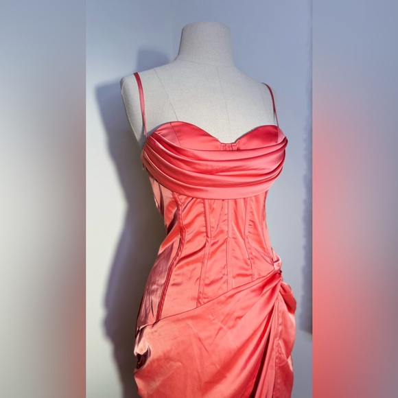 Coral Draped Corset Ruffle Gathered Dress - Picture 4 of 13